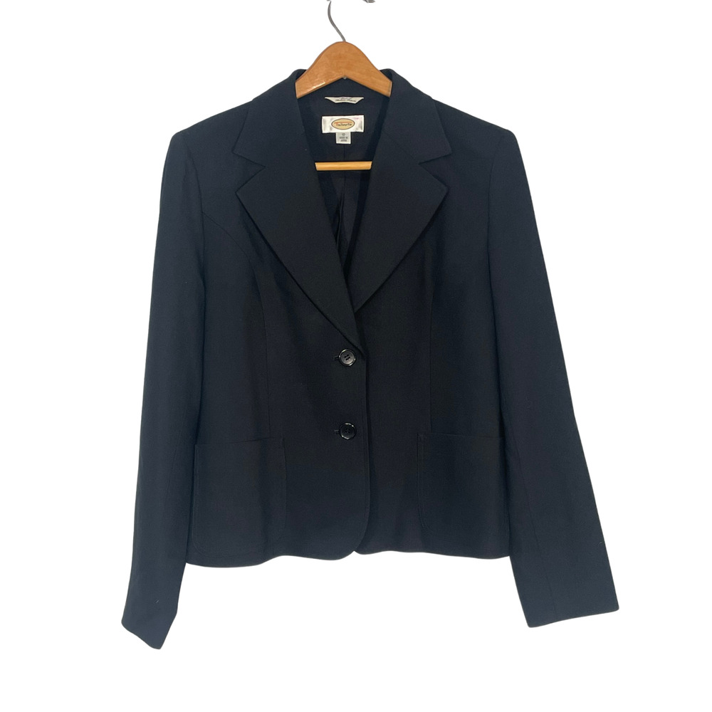 Talbots Sz 10 Chic Blazer Jacket 2 Button Front Notch Collar Pockets Black Wool